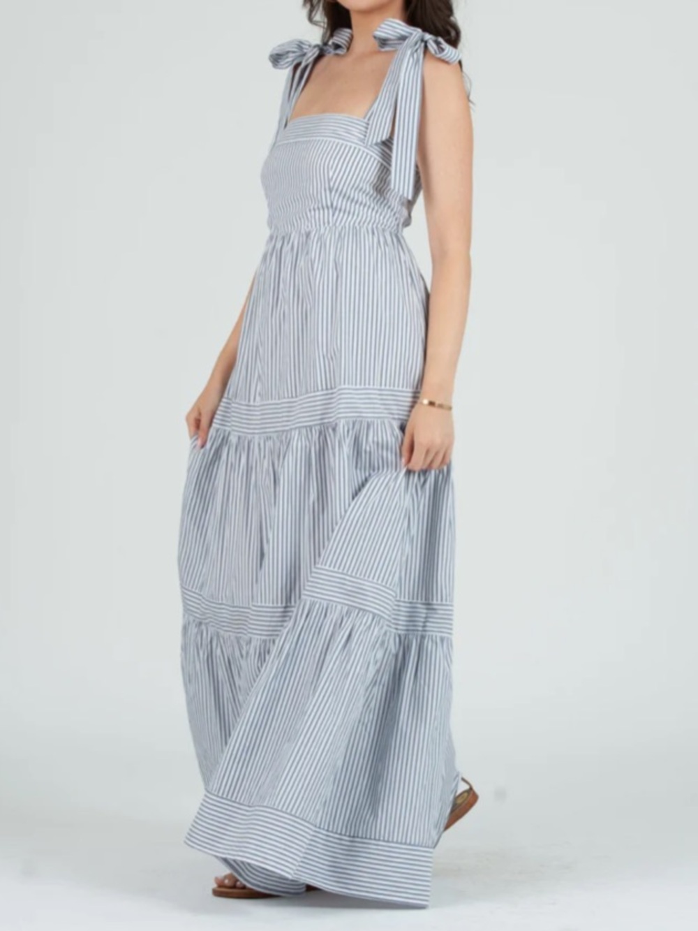 Lucca White Tan Striped Tiered Sleeveless Maxi Dress Cottagecore Vacation M - Picture 12 of 12